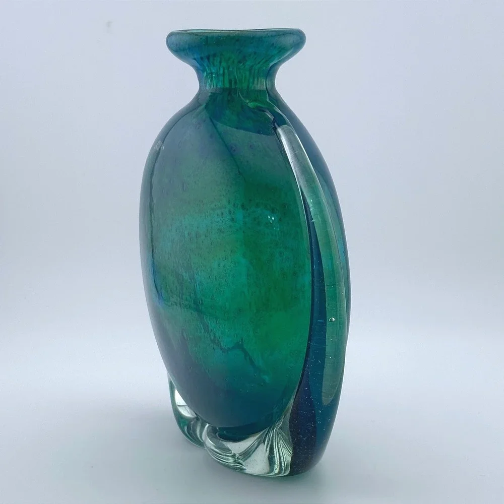 Mdina Glass Malta Turquoise Green Bullicante Art Glass Round Flat Disc Vase